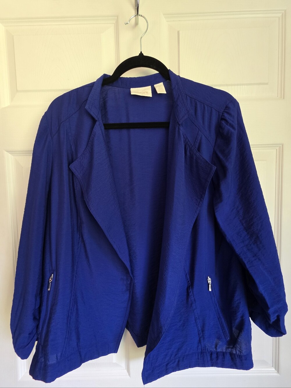 Chico's Blue Open Front Lightweight Jacket Size 2 Large Ruched 3/4 Sleeve